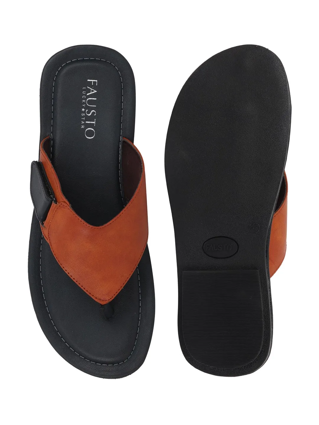 Men Tan Slip On Indoor & Outdoor Slippers With Buckle Strap