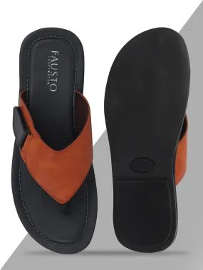 Men Tan Slip On Indoor & Outdoor Slippers With Buckle Strap