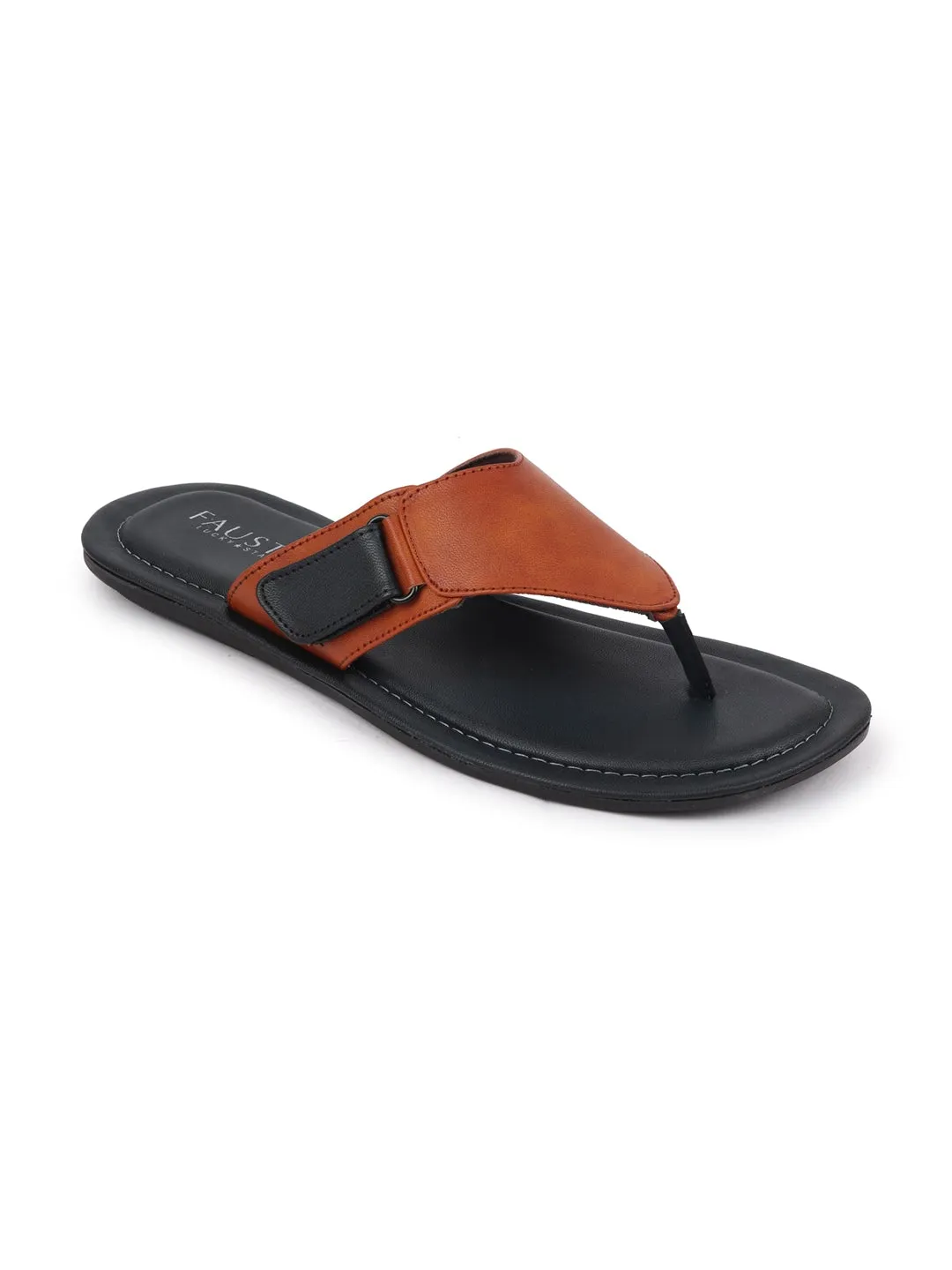 Men Tan Slip On Indoor & Outdoor Slippers With Buckle Strap