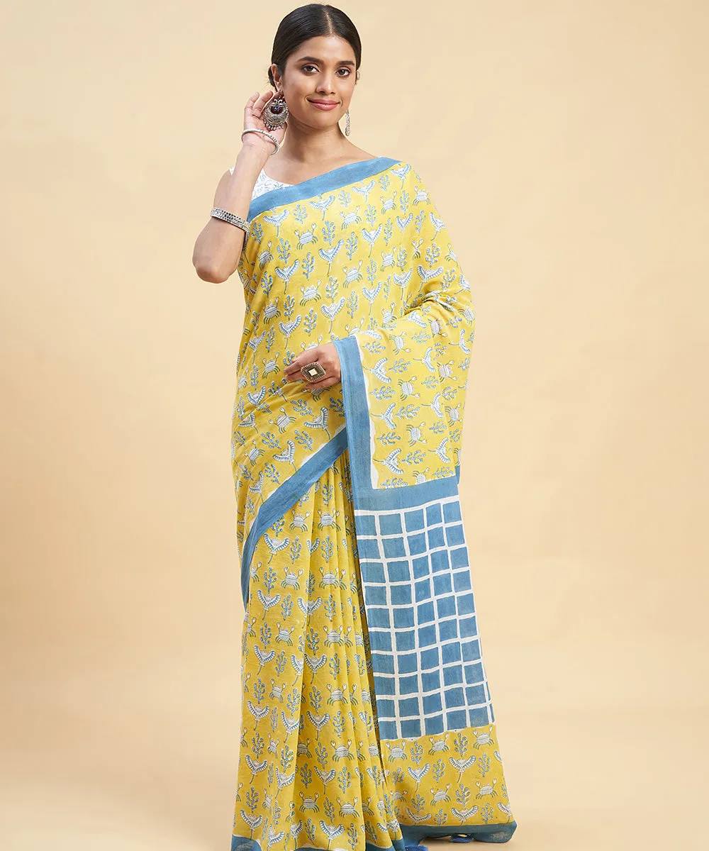 Mustard navy blue cotton hand block sanganeri printed saree