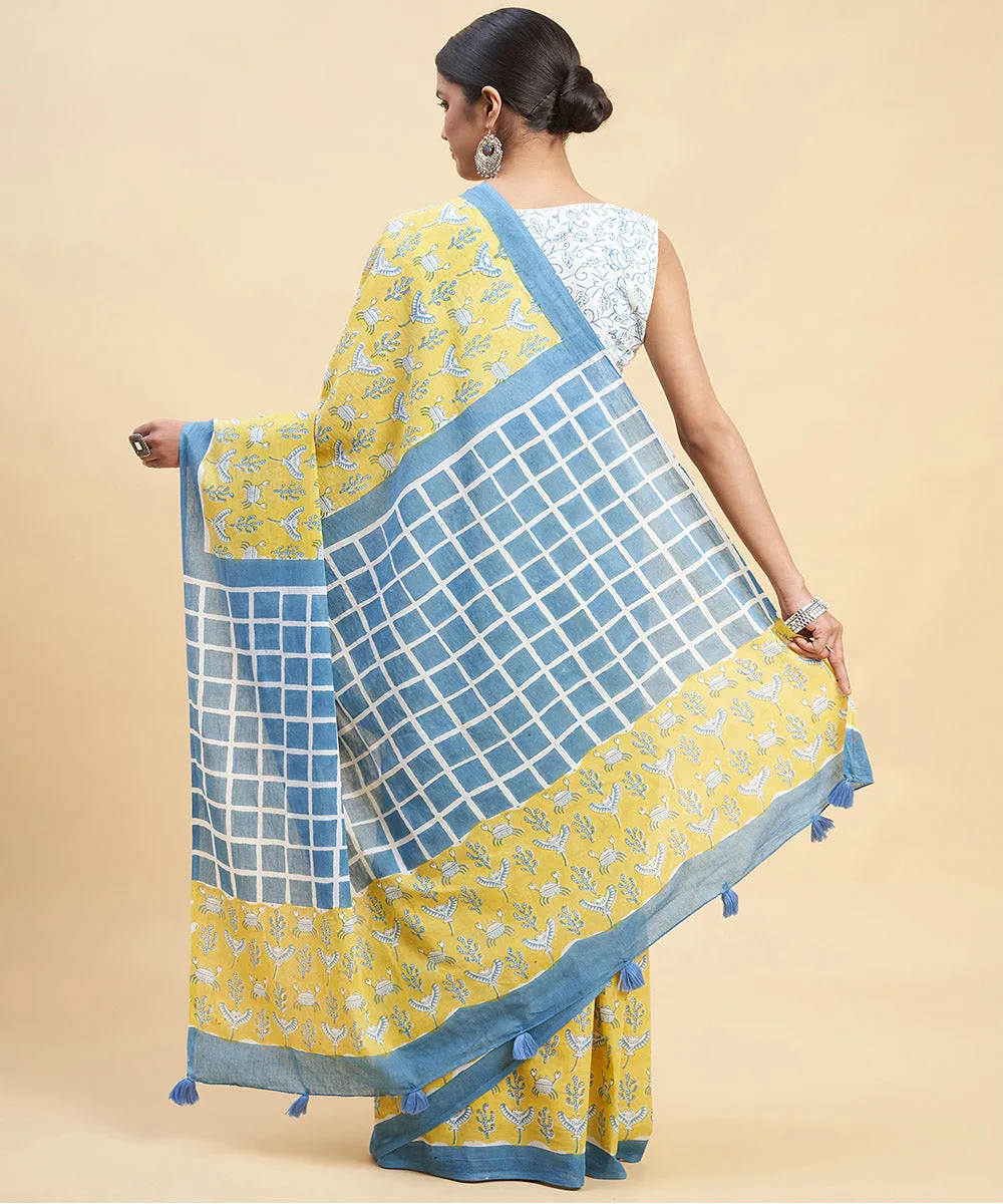 Mustard navy blue cotton hand block sanganeri printed saree