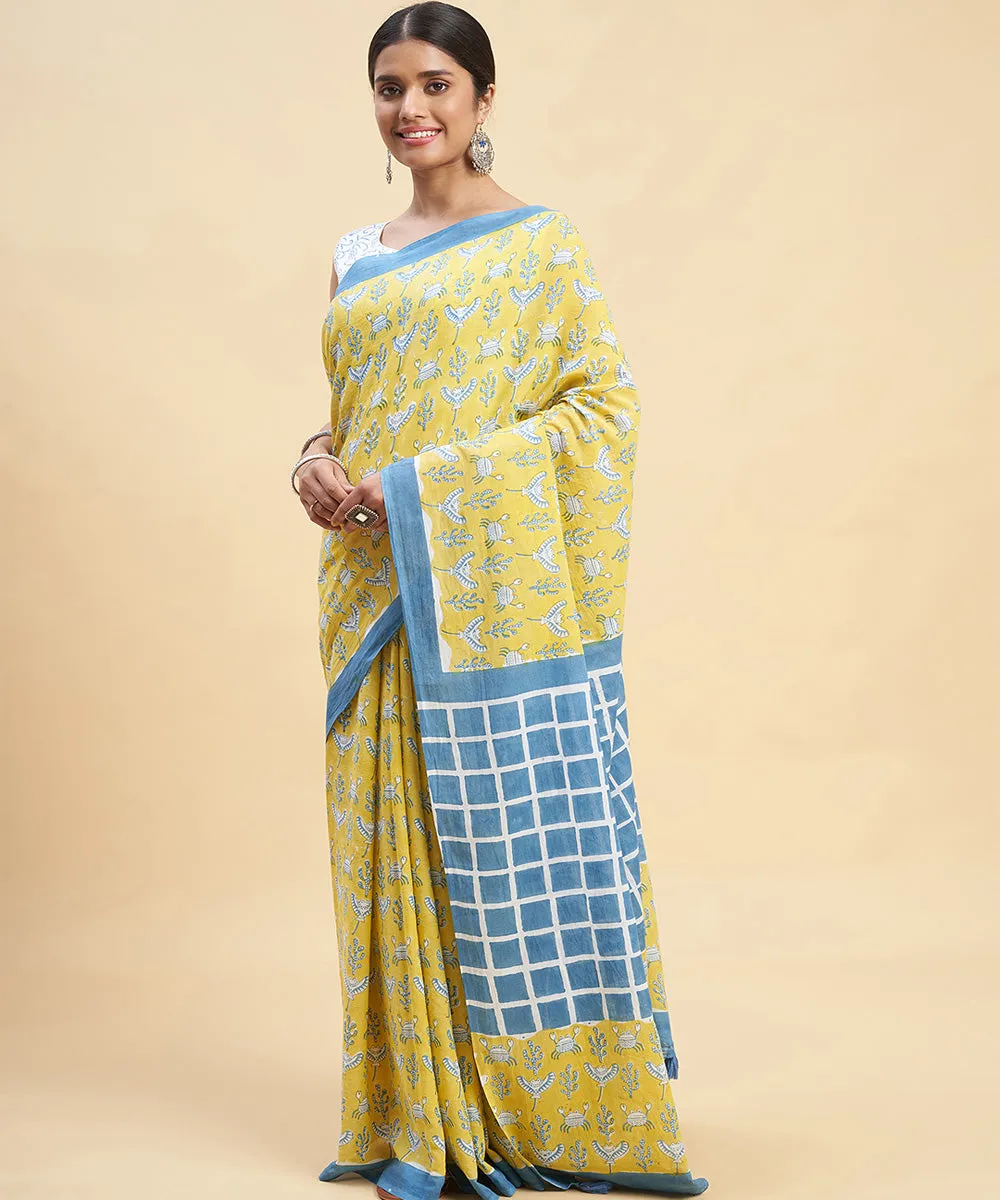 Mustard navy blue cotton hand block sanganeri printed saree