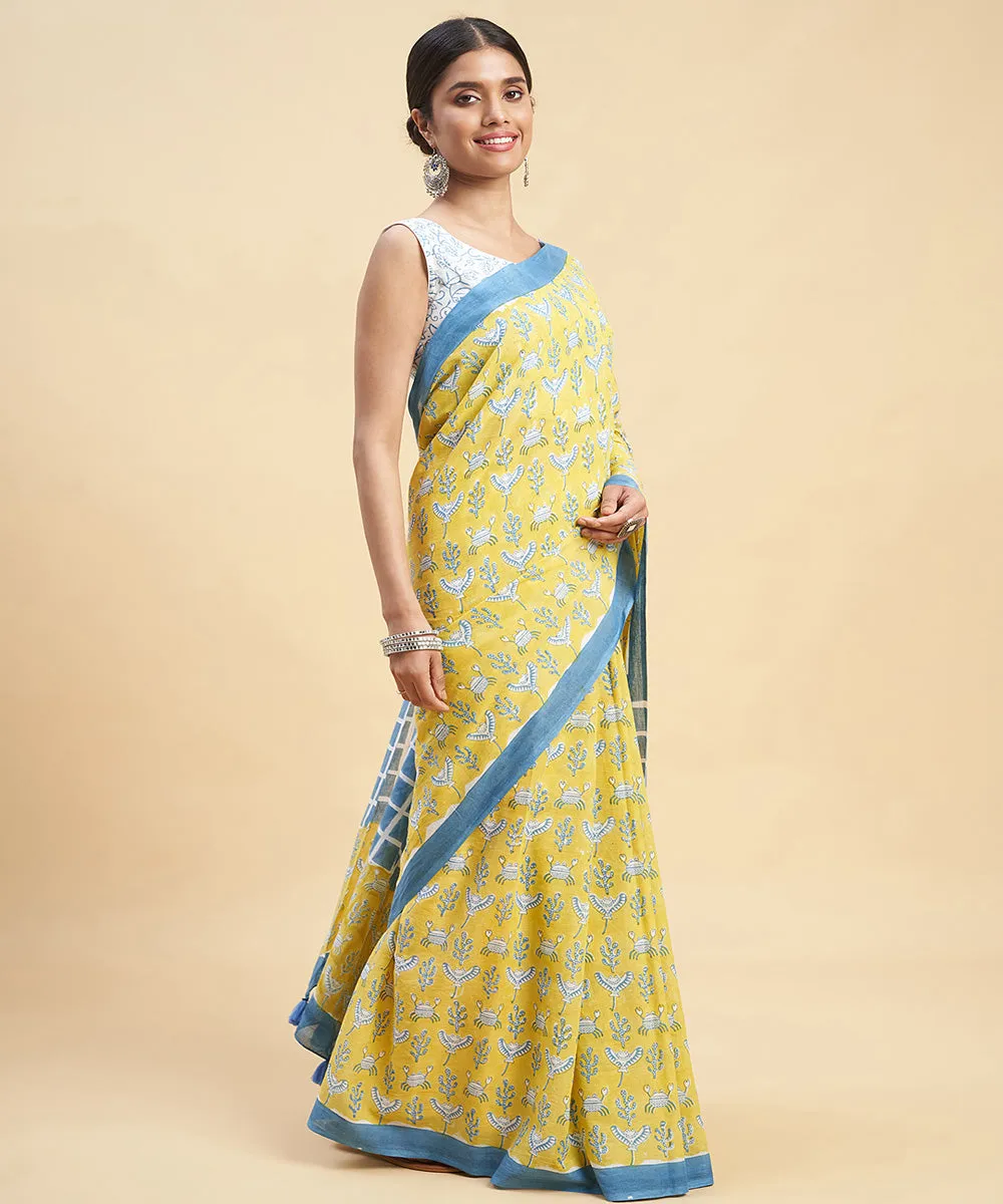 Mustard navy blue cotton hand block sanganeri printed saree