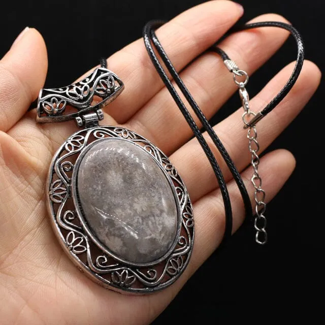 Natural Stone Oval Shape Pendant Necklace