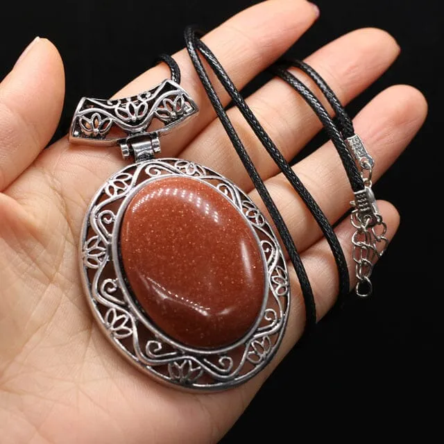 Natural Stone Oval Shape Pendant Necklace