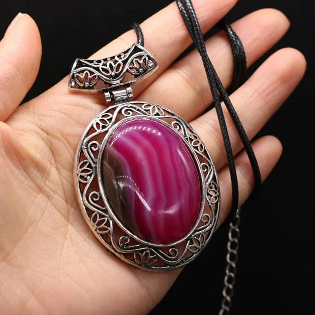 Natural Stone Oval Shape Pendant Necklace