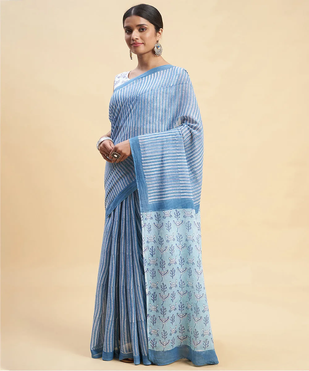 Navy blue sky blue cotton hand block sanganeri printed saree