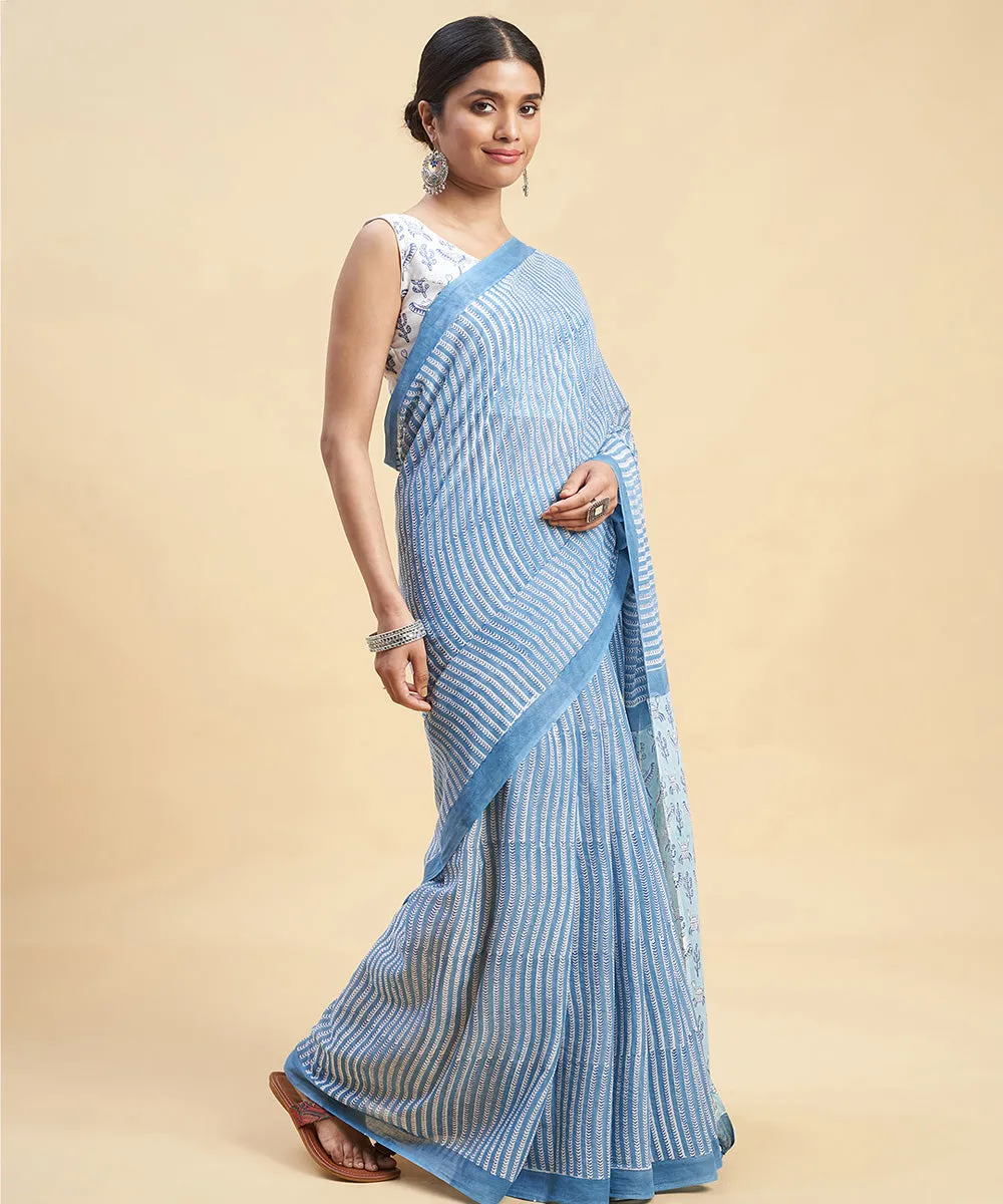 Navy blue sky blue cotton hand block sanganeri printed saree