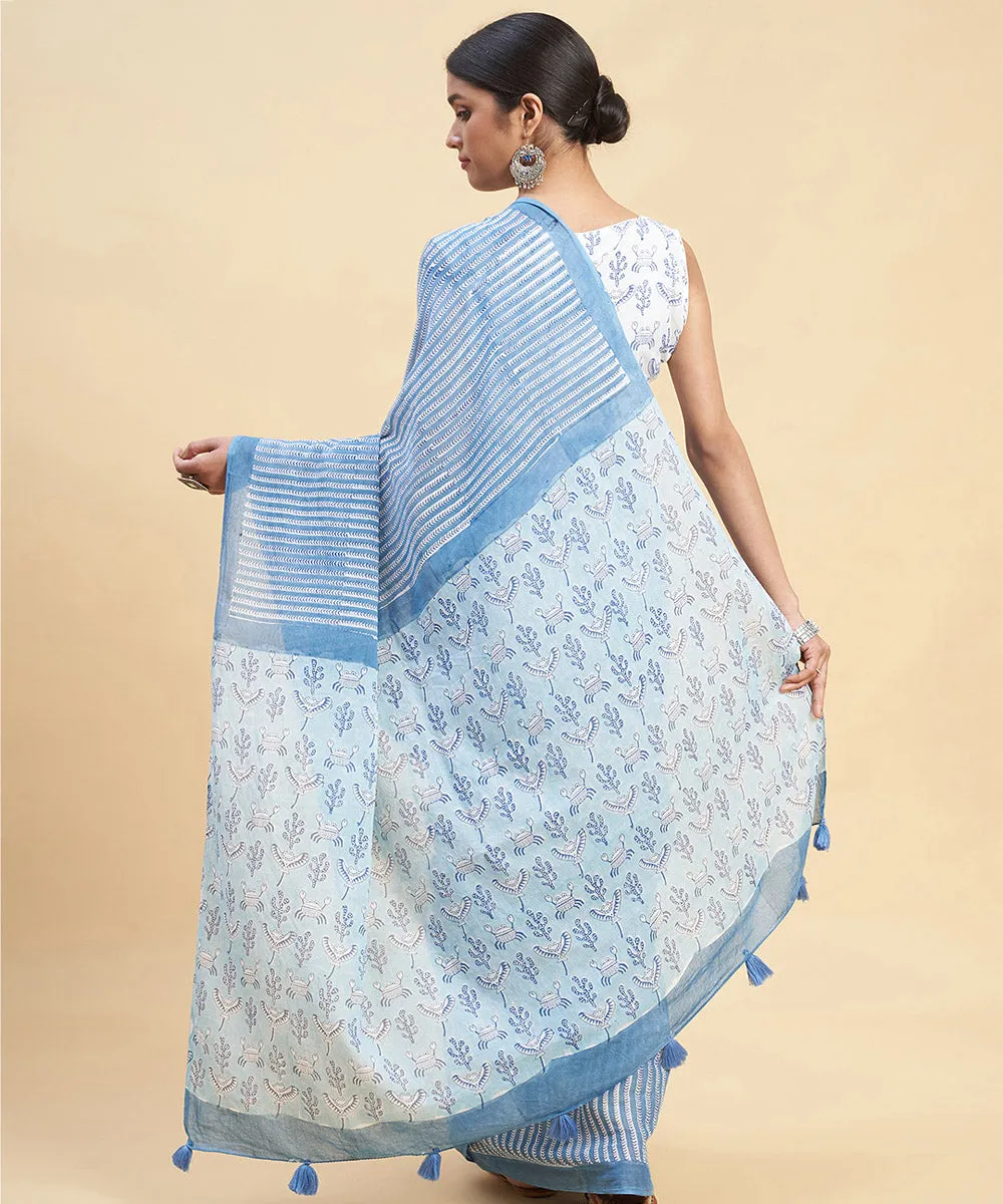 Navy blue sky blue cotton hand block sanganeri printed saree