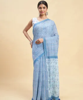 Navy blue sky blue cotton hand block sanganeri printed saree