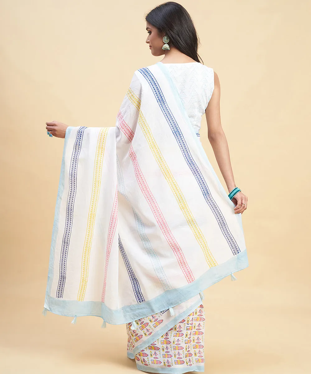 Offwhite multicolor hand block cotton sanganeri printed saree