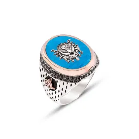 Ottoman Coat Of Arms on Turquoise Stone Ellipse Silver Men’s Ring Siding Zircons and Pointed Pattern and Ottoman Tughra