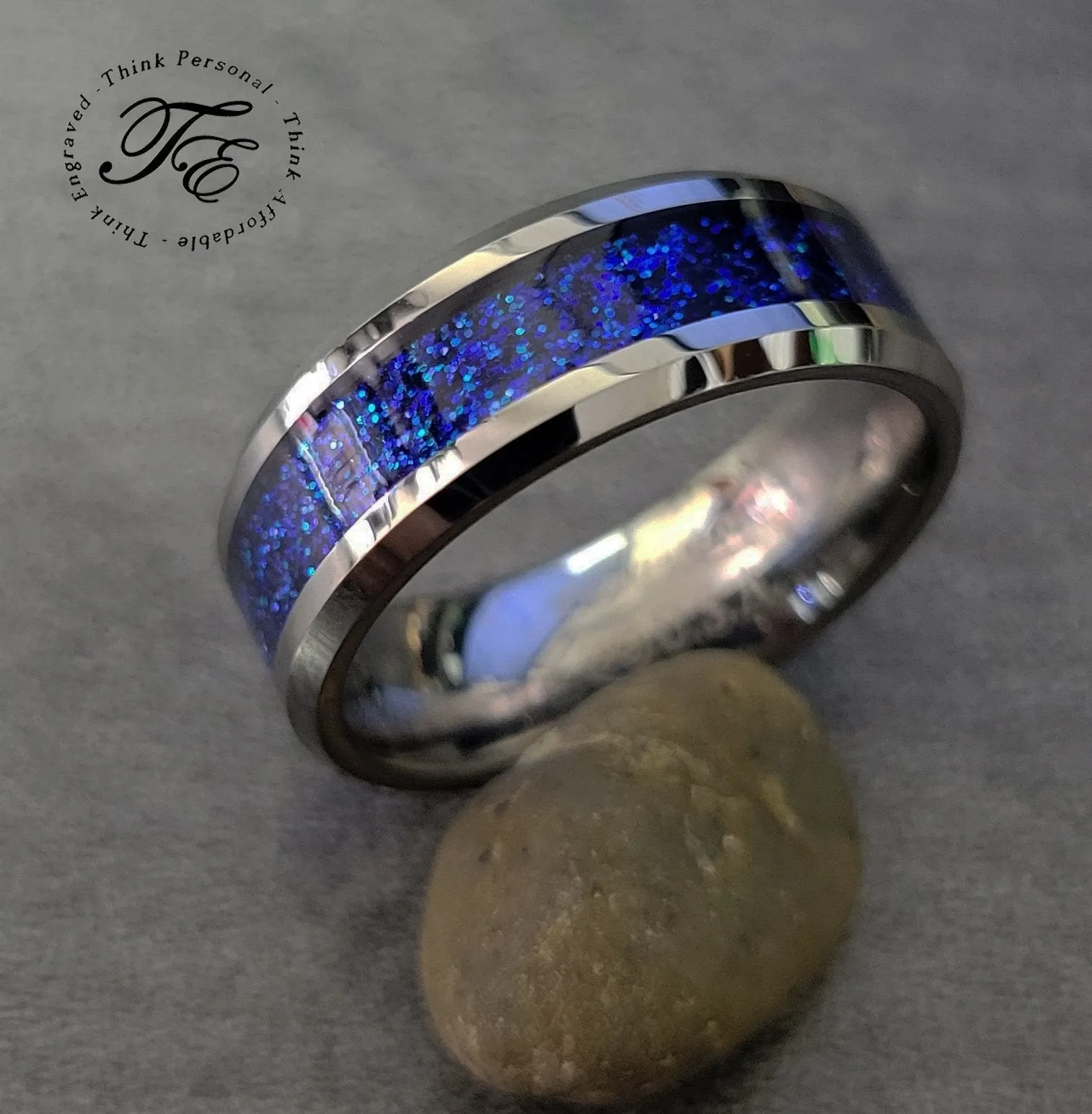 Personalized Women's Wedding Band - Blue Galaxy Fire Opal Real Tungsten