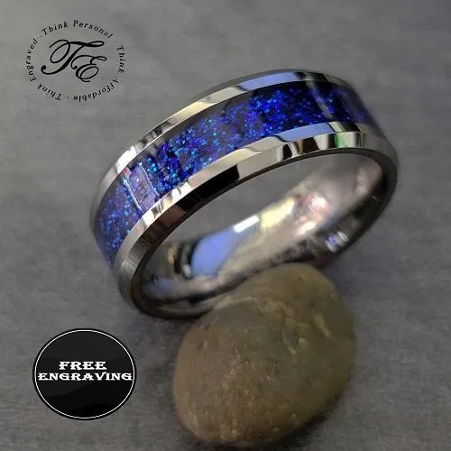 Personalized Women's Wedding Band - Blue Galaxy Fire Opal Real Tungsten