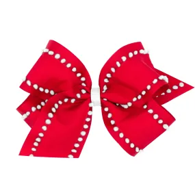 Pom-Pom Edge Grosgrain Overlay Hair Bow on Clippie - Red w/White