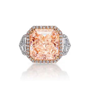 PRIEM 15 Carat Radiant Cut Fancy Intense Orangy Pink Three Stone Diamond Engagement Ring GIA Certified 13 CT Fancy Orangey Pink by Mike Nekta NYC