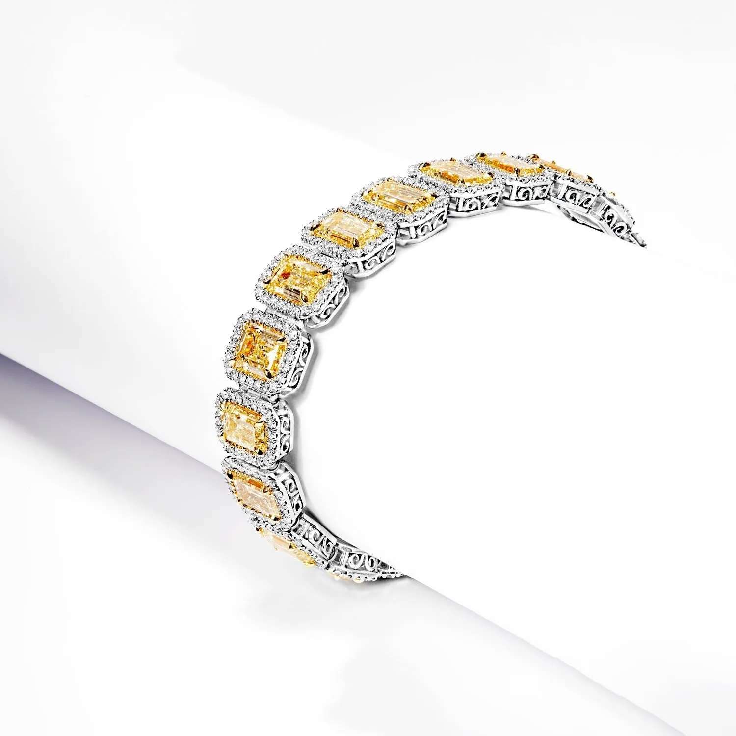 Priscilla 36 Carats Fancy Yellow Emerald Cut Halo Diamond Tennis Bracelet in 18k White Gold