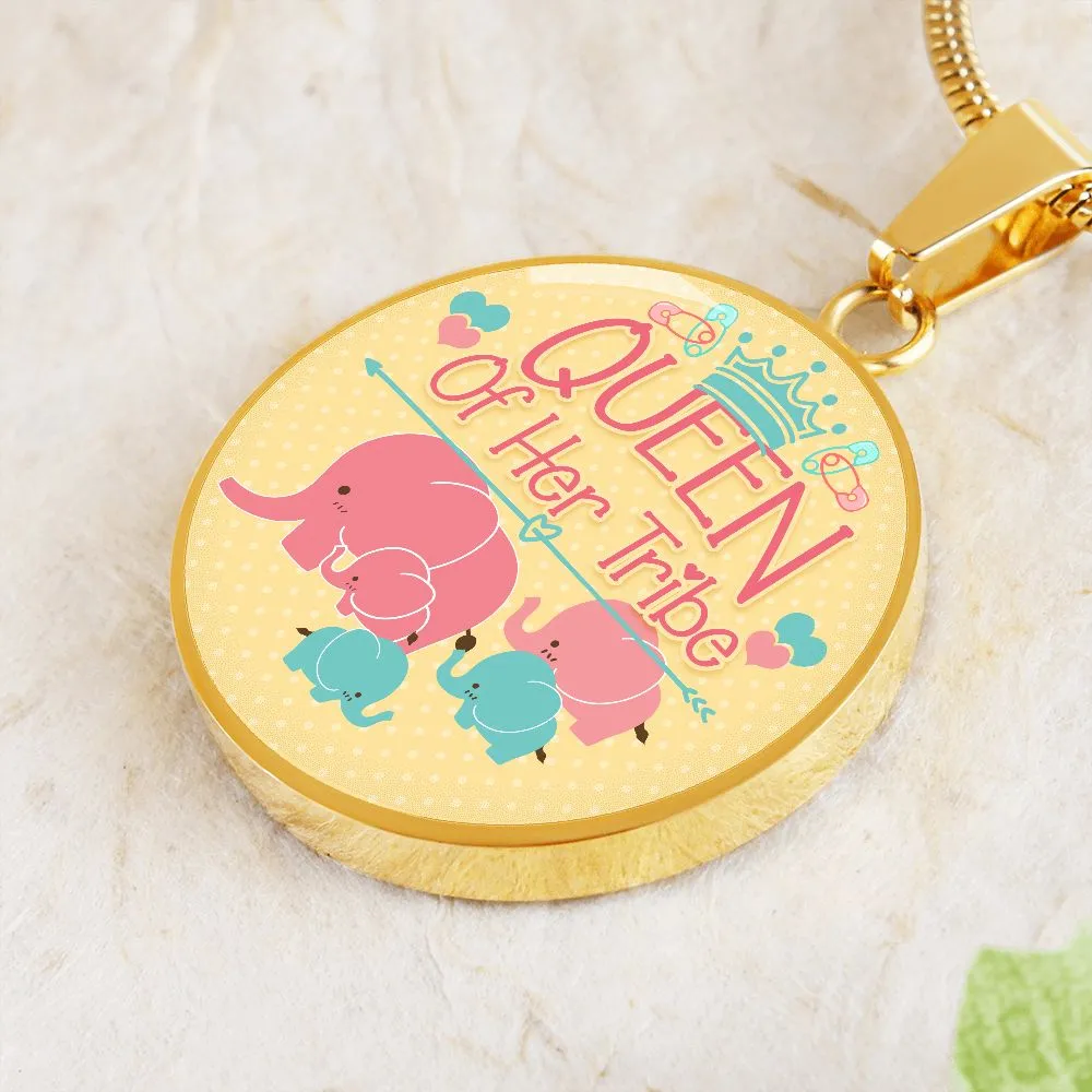 Queen of Her Tribe Cute Mother Elephant Round Pendant Necklace (Optional Engraving)