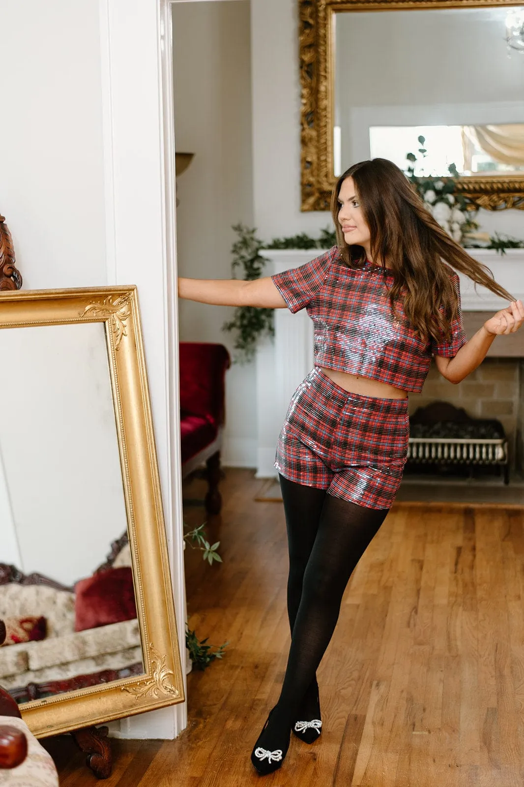 Red Plaid Sequin Shorts Set