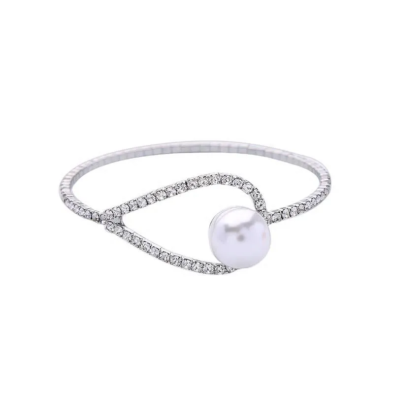 Silver Crystal Bangle Bracelet with Pearl Stud