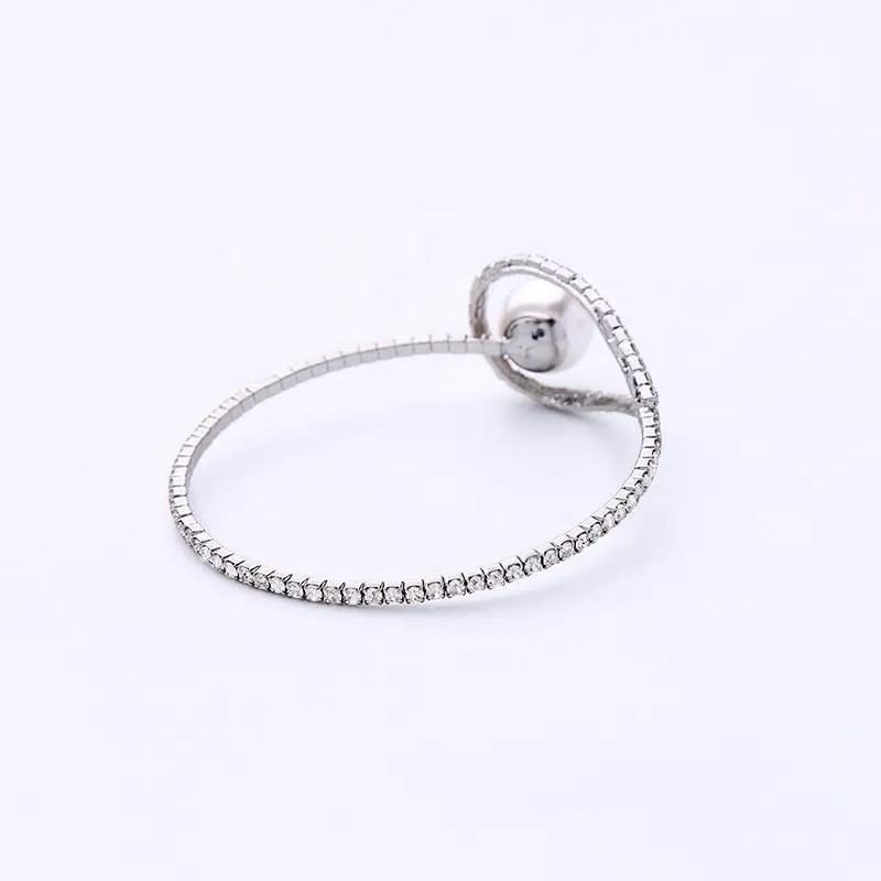 Silver Crystal Bangle Bracelet with Pearl Stud