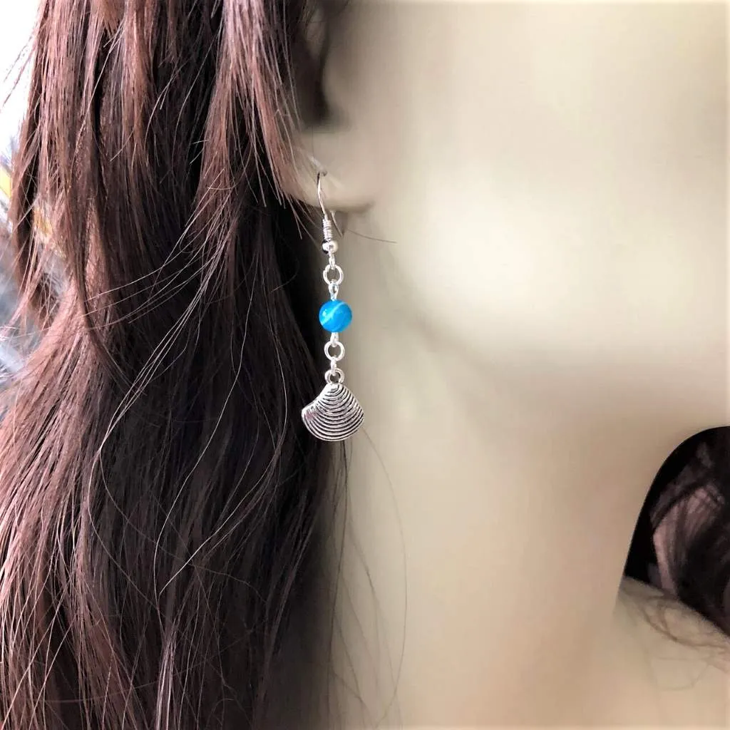 Silver Sea Shell and Blue Agate Bead Earrings