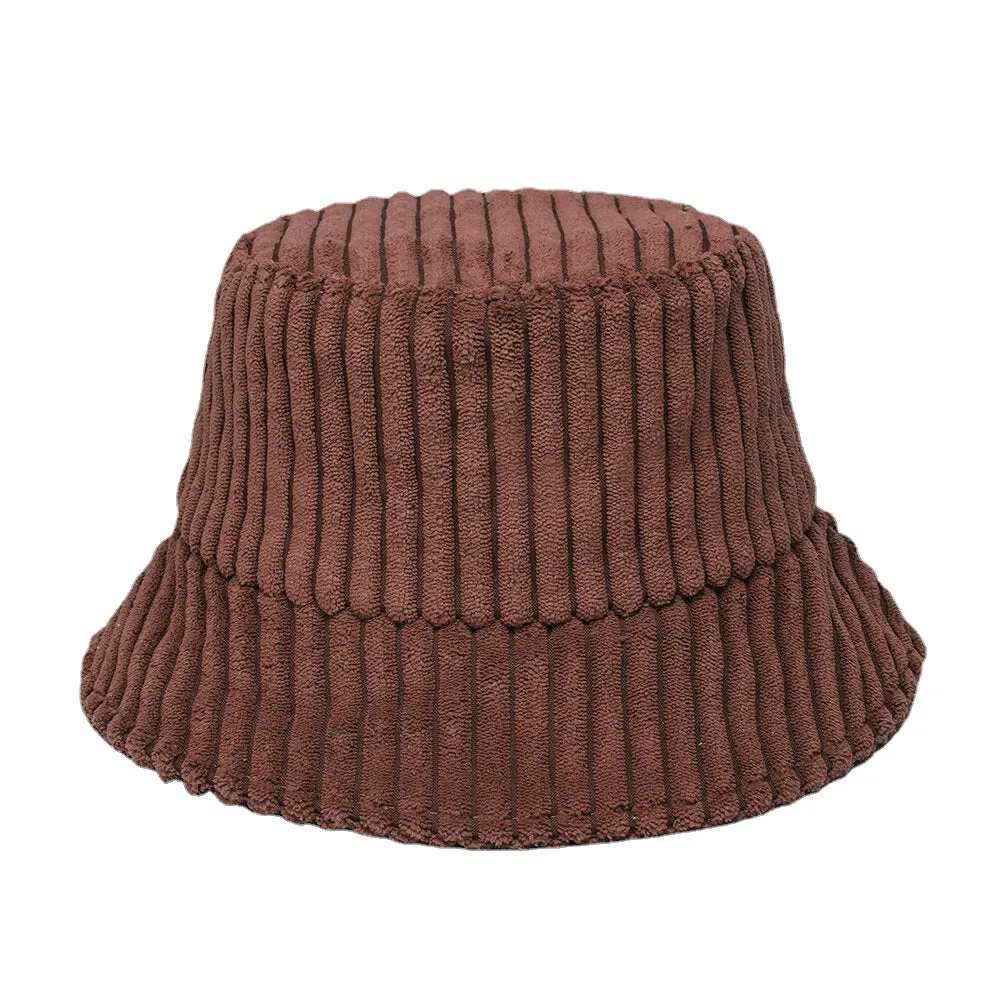 Unisex Corduroy Stripes Pattern Solid Color Warm Ear Protection Couple Hat Bucket Hat