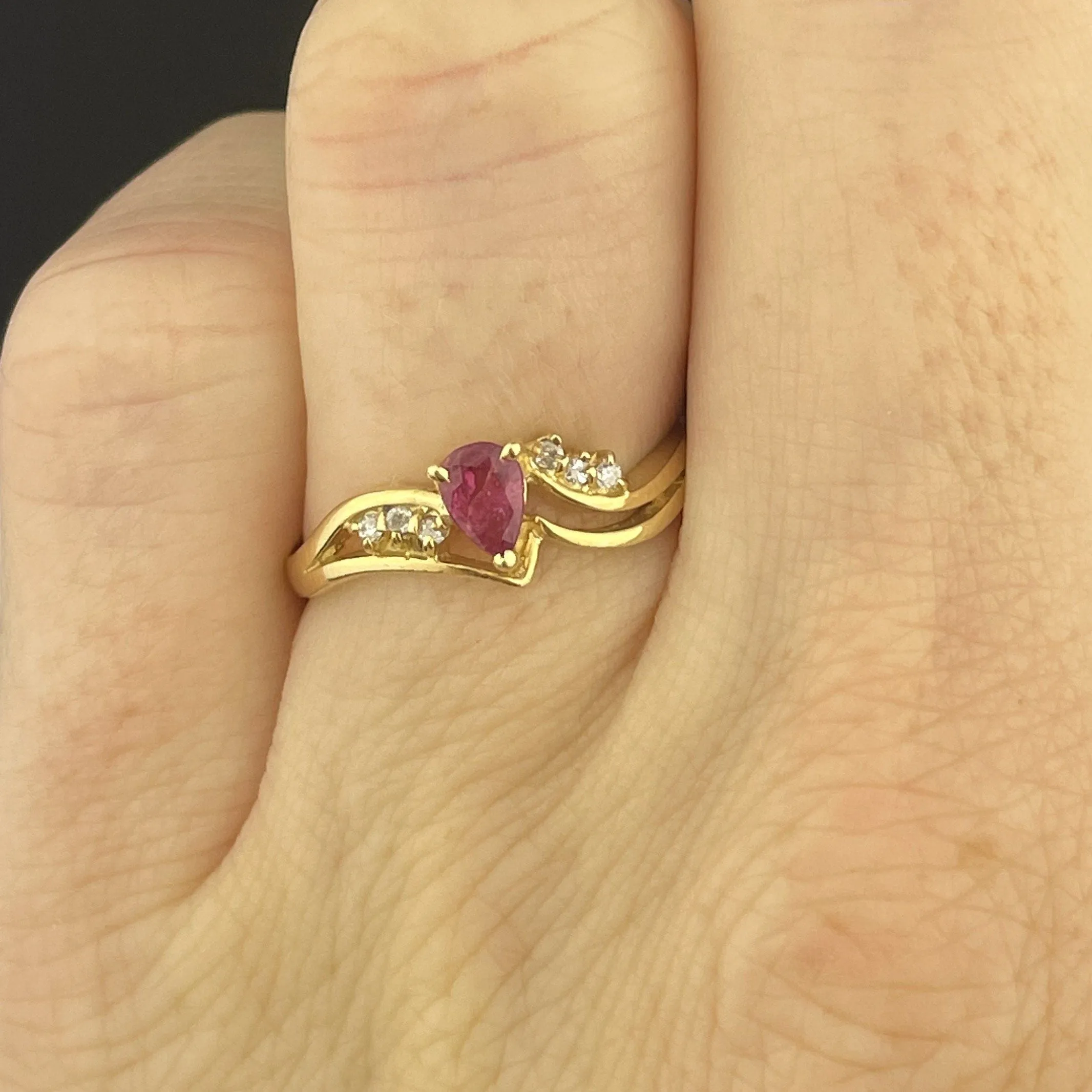 Vintage 14K Gold Diamond Ruby Pear Solitaire Ring, Sz 6.5