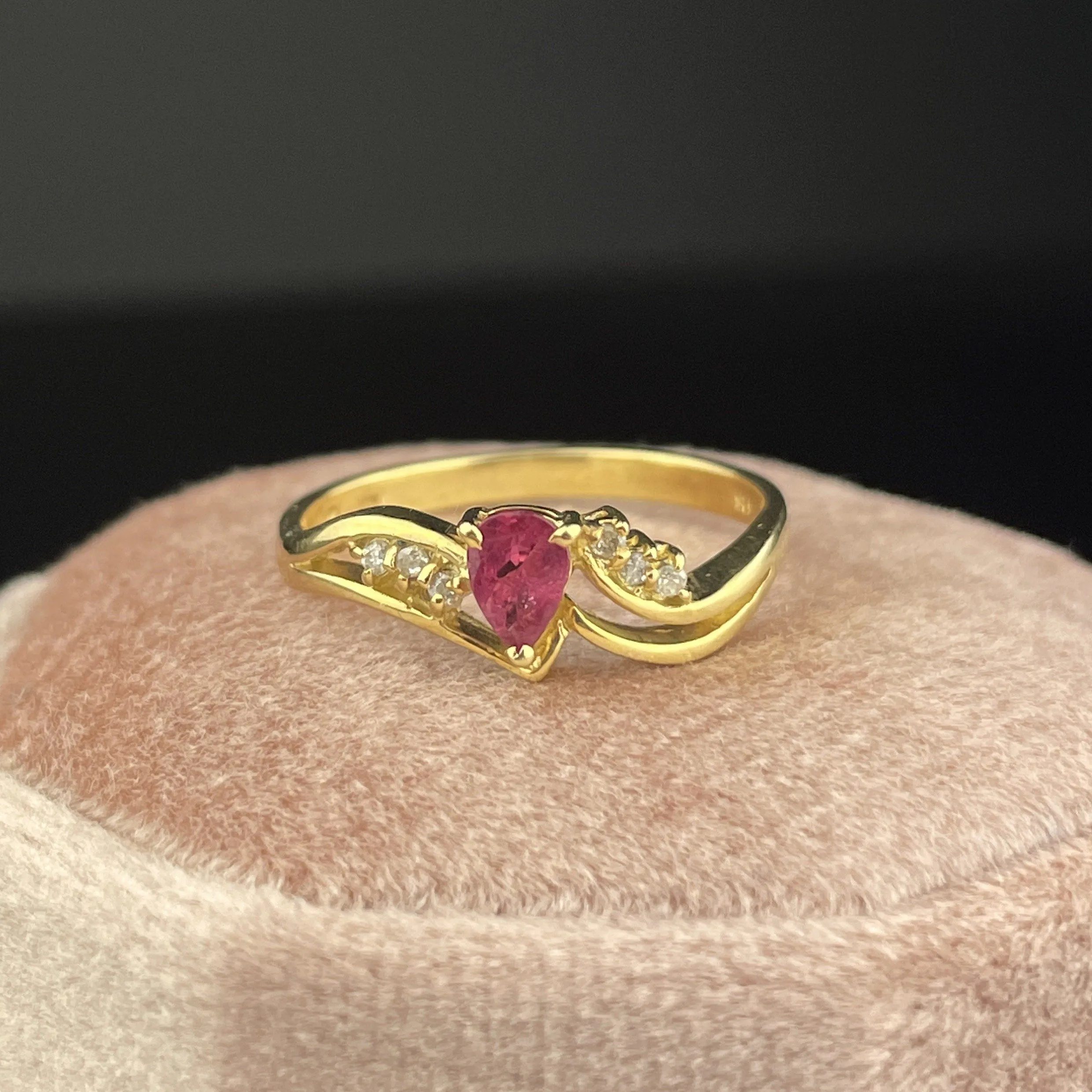 Vintage 14K Gold Diamond Ruby Pear Solitaire Ring, Sz 6.5