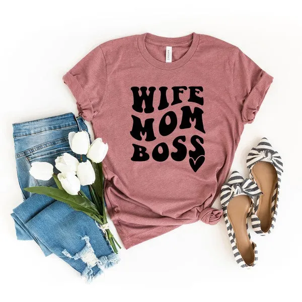 Wife Mom Boss Wavy Heart Short Sleeve Tee