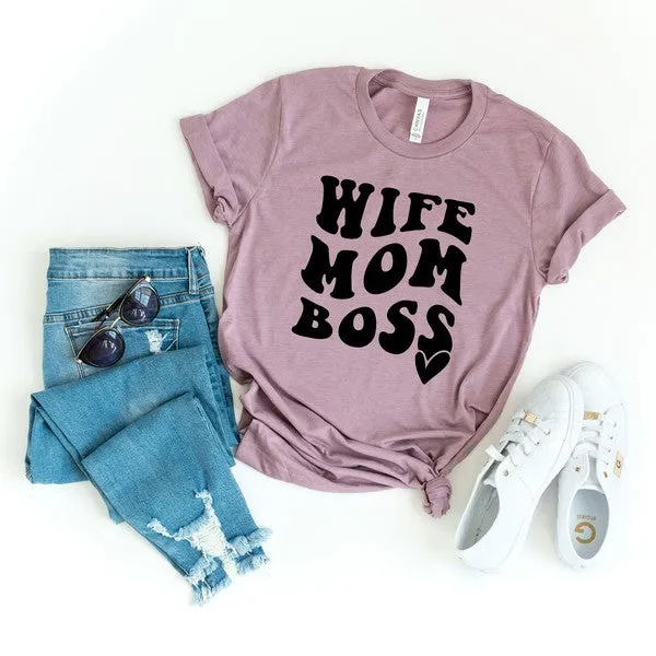 Wife Mom Boss Wavy Heart Short Sleeve Tee