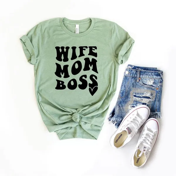 Wife Mom Boss Wavy Heart Short Sleeve Tee