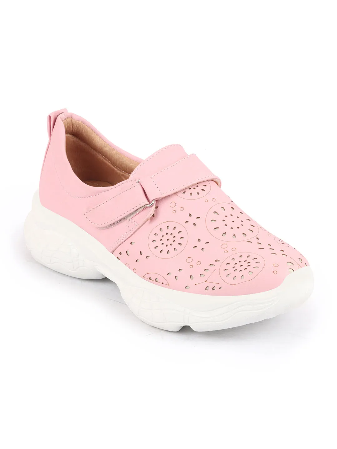 Women Pink Laser Cut Design Stitched Back Open Hook & Loop Buckle Mules Shoes