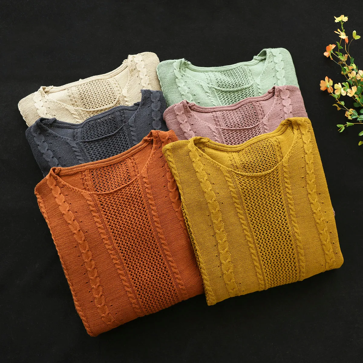 Women Retro Loose Cotton Knitted Sweater Plus Size