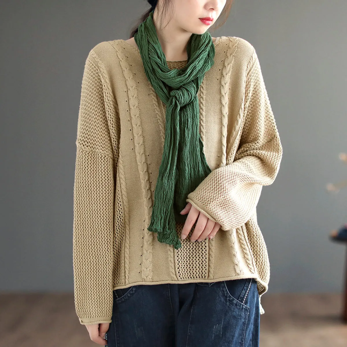 Women Retro Loose Cotton Knitted Sweater Plus Size