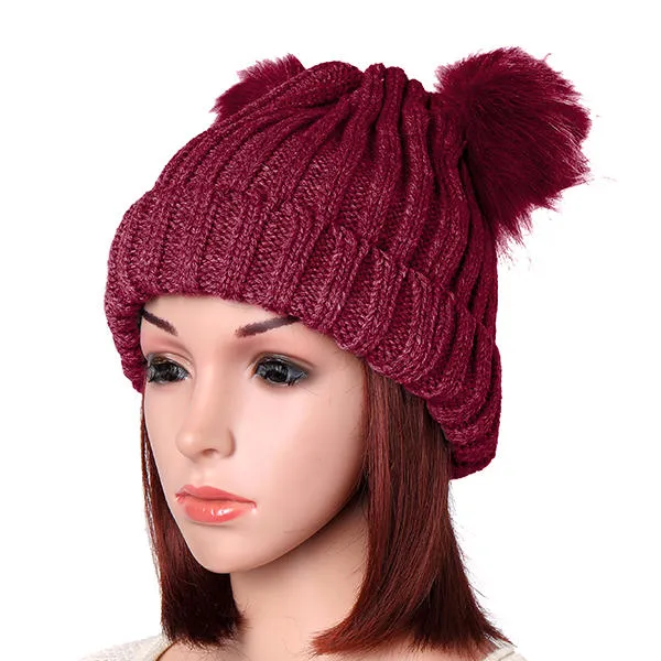 Womens Fur Ball Cap Pom Pom Beanie Cap Knitted Winter Warm Soft Caps